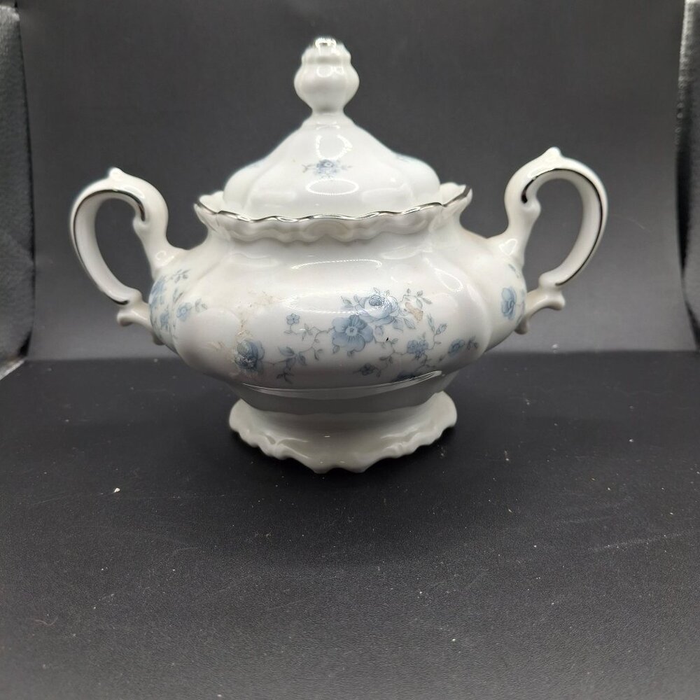 Vintage Johann Haviland Bavaria Blue Garland Lidded Sugar Bowl  Floral Design